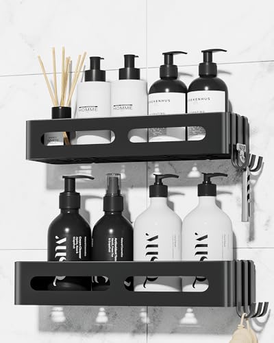 Acacomft Duschablage ohne Bohren, 2 Stück Badezimmer Organizer, Rostfrei Shampoo Halterung für Dusche, Duschregal mit großer Kapazität, Edelstahl Badregal ohne Bohren mit 6 abnehmbaren Haken, Schwarz