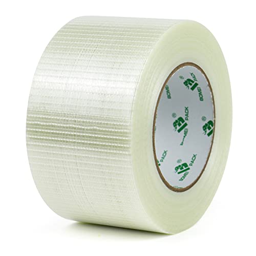 BOMEI PACK Filament-Umreifungsband, 1 Stück 75mm x 50m Transparentes, verstärktes Glasfaserband Filament-Klebeband Glasfaserverstärkt Packband, Filamentband Fadenverstärkt