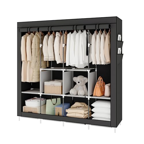 Buzowruil Extra große tragbare freistehende Garderobe Kleiderschrank, Canvas Metall Kleiderbügel Veranstalter, 4 hängenden Stangen 6 Storage Compartments für Schlafzimmer,Grau