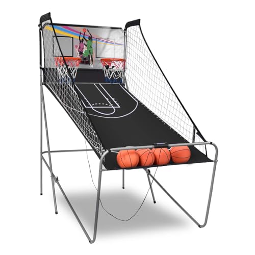 COSTWAY 8 in 1 Basketballautomat, elektrischer Baskeltballständer klappbar, Schießmaschine mit 4 Bällen, Luftpumpe & 8 Spielmodi, Arcade Basketballspiele Kinder für 2 Spieler (Grau)