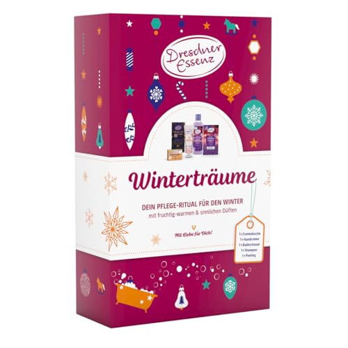 Dresdner Essenz Set Winterträume | Duschgel, Handcreme, Badesalz, Festes Shampoo und Zucker-Öl-Peeling| Beauty Produkte zum Verwöhnen | Geschenkidee zum Geburtstag, Nikolaus, Weihnachten, Jahrestag