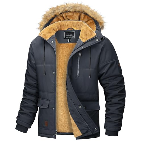 MAGCOMSEN Herren Warme Winterjacke Fleece Gefüttert Parkamantel Winddicht Wasserdicht Trekkingjacke Herren Outdoor Funktionsjacke Jagd Angeln Jacke mit Fellkapuze Dunkelgrau XXL