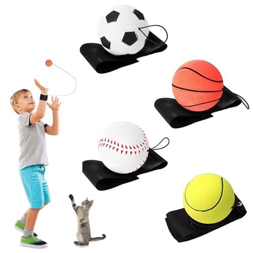 Vueinrg 4 Stücke Springball mit Schnur, Handgelenk Ball Mit Schnur, Ball mit Schnur, Wrist Ball,Balls on Elastic Rope,Springball Returnball,Bounce Balls für Kinder Fußball, Basketball, Baseball