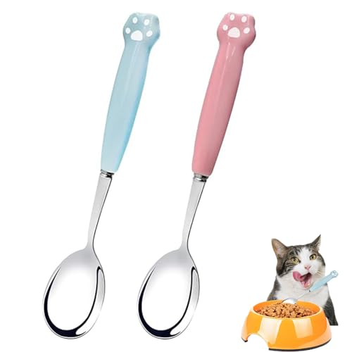 Roysmart 2 Pcs Katzen Löffel Lang, Edelstahl Haustier Futter Löffel, Nassfutter Katzen Löffel, Pet Can Löffel Langer Griff Futterlöffel für Haustiere (Rosa und Blau)