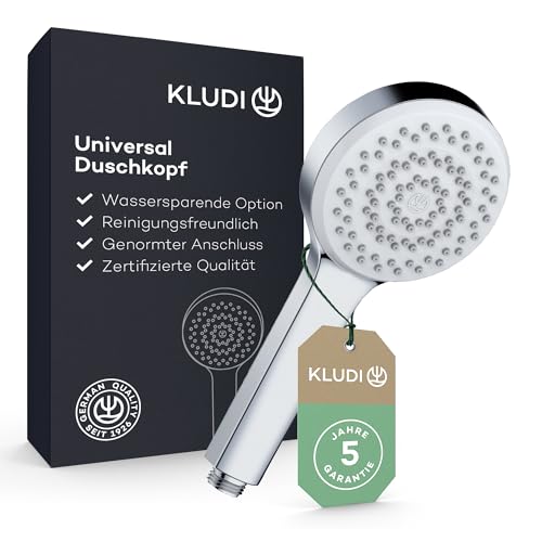 KLUDI-X1 Universal Duschkopf wassersparend als Option, Duschbrause mit 1 Strahlart, runder Brausekopf Ø 10,7 cm, reinigungsfreundlicher Shower Head mit Antikalk-Funktion in Chrom
