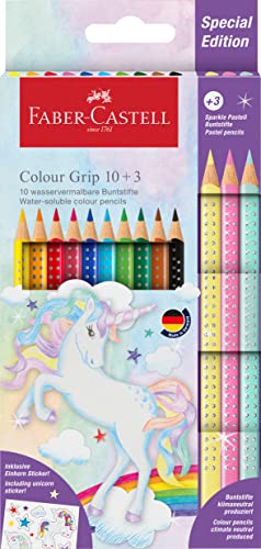 Faber-Castell 201542 - Buntstifte Set Einhorn, 13-teilig, bruchsicher, inkl. 3 Sparkle Pastellstifte und Einhorn Sticker