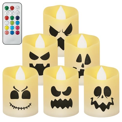 6 Stück Led Kerzen Halloween, Led Kerzen Flackernde Flamme LED Halloween Kerzen mit Timerfunktion & Lichts, Batteriekerzen LED Geister Kerzen für Halloween Deko Party Weihnachten, 3.6x4.8 cm