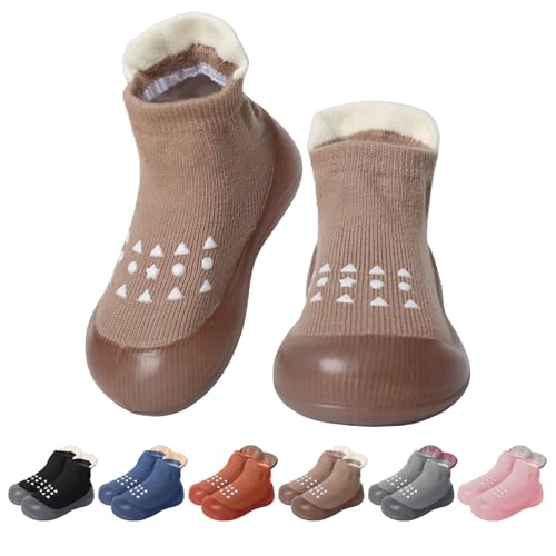 EDOTON Krabbelschuhe Baby Lauflernschuhe Kinder Sockenschuhe Rutschfeste Weiche Sohle Schuhe Babybodenschuhe für Mädchen Junge (Braun,12-18 Monate,22/23)