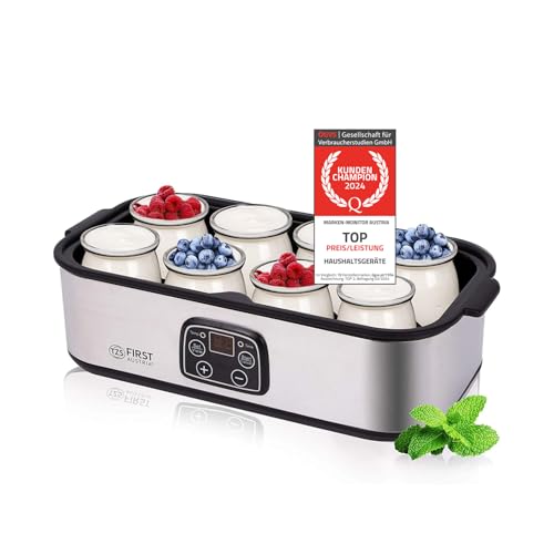 TZS First Austria elektischer Joghurtbereiter, Joghurt Maker, 30 W, 8 Gläser, 190 ml, LCD-Display, Temperatureinstellung, Timer- und Auto-Stop-Funktion, weiß/grau