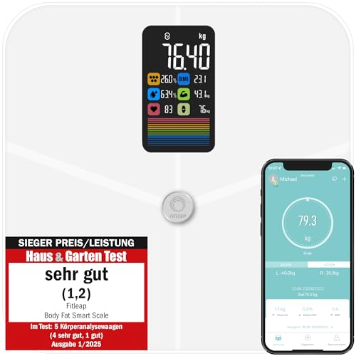 Fitleap Waage mit Körperfett- & Muskelanalyse bis 180kg, mit großen Display & App, Personenwaage und Körperfettwaage, auch für große Füße geeignet