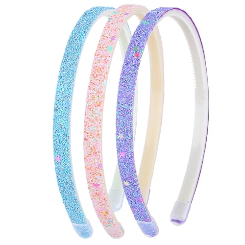 WLLHYF 3 Stück Glitzer Haarreife, Niedliche Rutschfeste Stirnbänder aus Kunststoff mit Zähnen Regenbogen-Bling Süße Harte Haarbänder Haarschmuck für kleine Mädchen (Rosa+Blau+Lila)