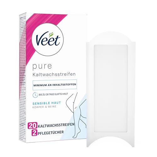 Veet Pure Kaltwachsstreifen für Körper, Arme & Beine - Haarentfernung für sensible Haut - Bis zu 28 Tage glatte Haut - 10 Doppelstreifen = 20 Einzelstreifen