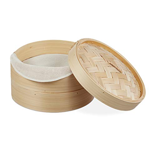 Relaxdays Bambus Dampfgarer, asiatischer Dämpfkorb mit 2 Etagen, für Dim Sum, Reis, Dampfgarer Einsa, 18 x 25 cm, Braun