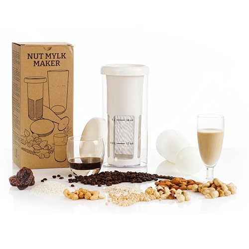 Nut Mylk Maker Gerät zur Herstellung von Pflanzenmilch aus Mandeln, Soja, Hafer, Kokosnuss und jedem veganen Getränk. 1l in 1 Minute. QR mit Rezepten