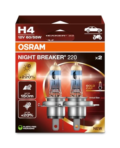 OSRAM NIGHT BREAKER 220, H4, 220% mehr Helligkeit, Halogen-Scheinwerferlampe, 64193NB220, Faltschachtel (2 Lampen), white