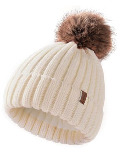 FURTALK Kleinkind Beanie Baumwollfutter Bommelmütze mit Kunstpelz Ball Unisex Mädchen & Jungen Kinder Winter Pom Pom Strickmütze