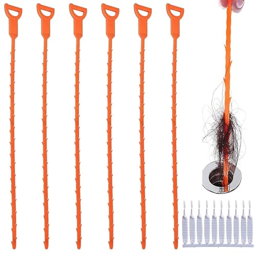 6 Stück Rohrreinigungsspirale mit 10 Duschkopf Reinigungsbürste, 51cm Abflussreiniger Sticks Abfluss-Haarentferner, Werkzeuge zur Beseitigung Verstopfter Rohre für Badewanne, Waschbecken(Orange)