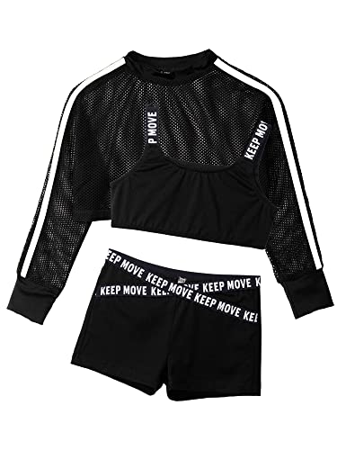 Jowowha Kinder Hip Hop Kleidung Mädchen Langarmshirt Crop Tops + Sport BH Bustier + Sport Shorts Streetwear Jazz Tanzkleidung Schwarz 158-164