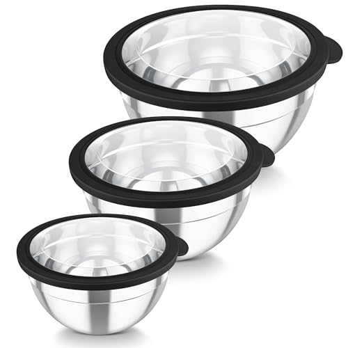 TEAMFAR Rührschüssel Set, 3 Stück Edelstahl Schüssel mit Transparenter Luftdichtem Deckel, Stapelbar Schüsselset, 4,5L/3L/1,5L, Salatschüssel zum Servieren/Kochen/Backen, Spülmaschinenfest - Schwarz