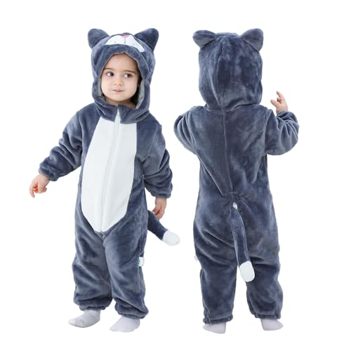 Doladola Baby Katzen Kinder kostüm für Karneval Halloween Tier Jumpsuit für mädchen und Junge(Dunkelgraue Katze, Größe (Alter 18-24 Monate))