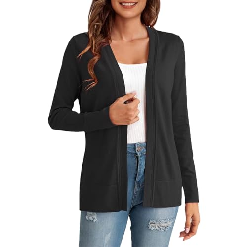 OULIWANGLUO Damen Leichte Kurze Strickjacke Strick Langarm Oversize Cardigan Casual Lockere Strickpullover für Herbst (Schwarz,M)