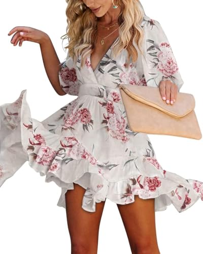 Imily Bela Sommerkleid Damen V Ausschnitt Kurzarm Strandkleid Knielang Blumen A-Linie Drucken Kleid(A-Beige,M)