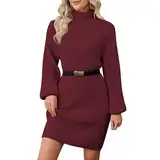 ZLIGXEA 2024 Trendiges Rollkragen pulloverkleid aus geripptem Strick mit Laternenärmeln – Langarm pulloverkleid für Damen Rot L