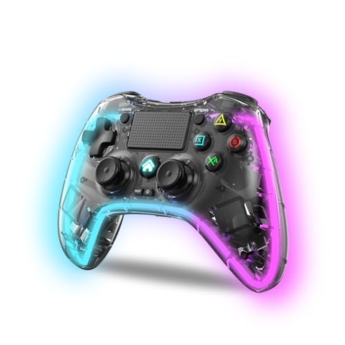 NK Controller für PS4 / PC/Android - Wireless Controller mit Dualshock, 6 Achsen, 2 MACRO-Tasten, 7 LED-Lichtmodi, Touchpad, Kopfhöreranschluss, Ladekabel inklusive - Transparent Schwarz