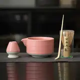 LVYUDS Bambus Matcha Set, Bambus Handgefertigt Löffel Keramik Ru-Ofen Matcha Schale Halter Japanisch Matcha Besen Set 4-Teiliges Set Teeparty Liebhaber Must-Have Geschenk(Pink)