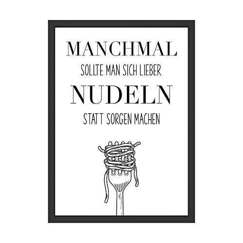 Wandbild „Manchmal sollte man sich lieber Nudeln statt Sorgen machen“ – humorvoller Küchenspruch – Poster mit Nudelgabel Illustration – Typografie-Dekor für Küche & Esszimmer – DIN A4 (ohne Rahmen)