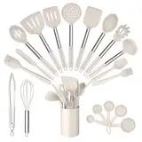 TEAMFAR Küchenhelfer, 20 Stück Silikon Küchenutensilien Set mit Edelstahlgriff, Hitzebeständiger Khaki Kochbesteck Kochutensilien mit Utensilienhalter