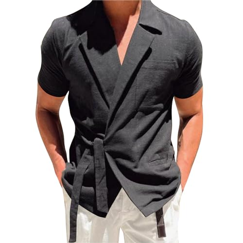 Funktionsshirt Herren Business Hemd Herren Weißes Tshirt Revers Einfarbig Kurzarm Leinenjacke Frühling Leinen Shirt Offener Vorderseite Sommer Jacke Holzfällerhemd (Schwarz, 5XL)