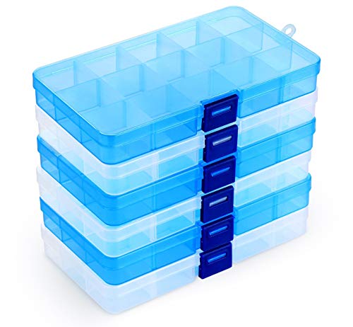ilauke 6 Stück Fächer Aufbewahrungsbox mit 15 Fächer, Plastik Aufbewahrungsbox in 2 Farben Sortierboxen Schmuckkasten Einstellbar Sortimentskasten für Schmuck Veranstalter Perlen Ohrring Kleinteile