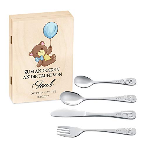 Maverton Kinderbesteck mit Namensgravur + Holzbox mit Aufdruck - mit Tieren - Taufgeschenke für Mädchen - Braun - Geschenk für Jungen zum Geburtstag zur Taufe Geburt - Teddybär