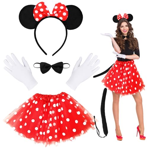 Jeinbuil 5er Set Mini Maus Kostüm Damen Erwachsene, Kostüm Damen Fasching -Rot Tutu mit weiß Gepunktet Ohren Handschuhe Fliege Schleife- Faschingskostüme Damen Karneval Kostüm Damen