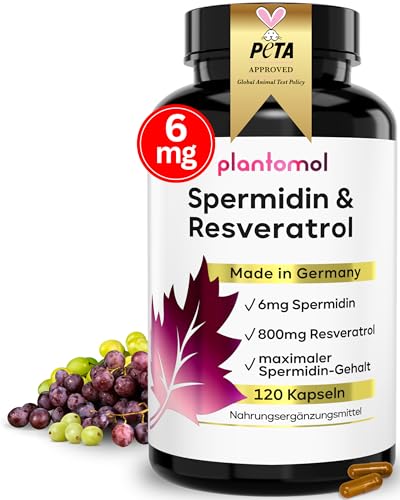 120 Spermidin Kapseln hochdosiert mit 6mg Spermidine + 800mg Resveratrol hochdosiert (je 2 Kapseln) - einzigartige Kombination aus Spermidine Kapseln hochdosiert & Trans Resveratrol Kapseln - vegan