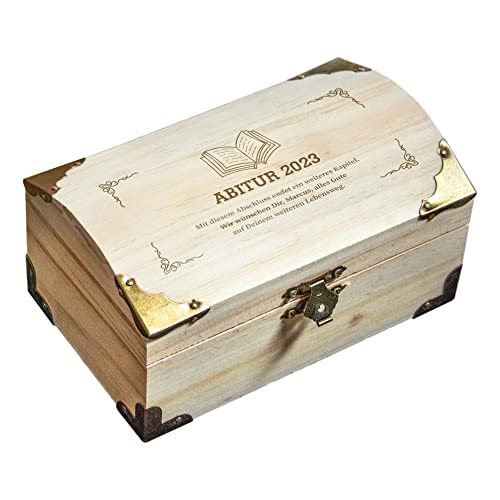 Geschenke 24 | Holz-Schatztruhe zum Schulabschluss personalisiert (Abitur,klein) | mit Jahreszahl und Wunschtext graviert | Schatzkiste | Geldgeschenk für Mädchen und Jungen |