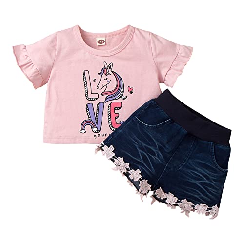 TIREOW Kinder Kleinkind Mädchen Cartoon Print Rüschen Kurzarm Tops Shirts Jeans Shorts Sommer Freizeitkleidung Set Outfits Bekleidungssets 6 Monate -3 Jahre (Pink, 12 Months)