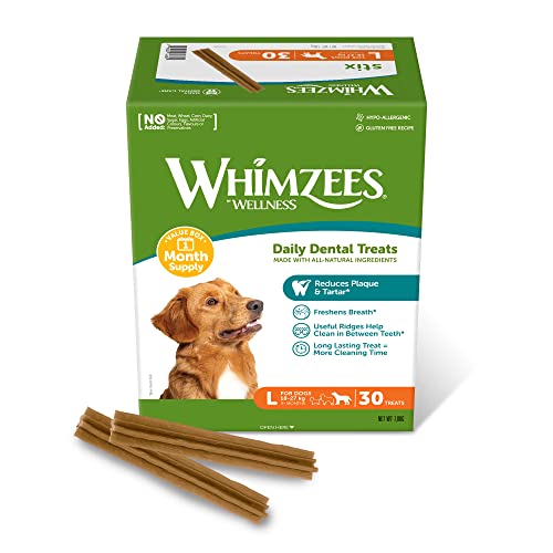 WHIMZEES By Wellness Stix, Kaustangen für große Hunde zur Zahnpflege, Größe L, 30 Stück (Monatspackung), ohne Zuckerzusatz, getreidefrei, natürlich, fettarm