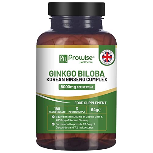 Ginkgo Biloba und koreanischer Ginseng Tabletten 8000 mg 180 vegane Tabletten | Ginkgo 6000 mg & Koreanische Ginsengwurzel 2000 mg | Großbritannien Hergestellt von Prowise Healthcare