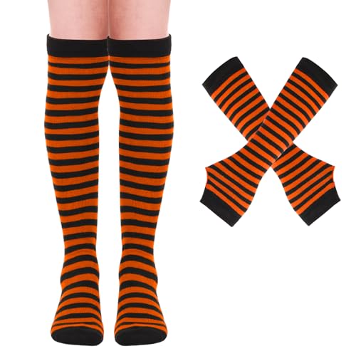 Mayoii Oberschenkelhohe Socken, fingerlose Handschuhe, Set, lange Socken für Damen und Mädchen, Arm- und Beinwärmer, Orange und Schwarz gestreift, Einheitsgröße