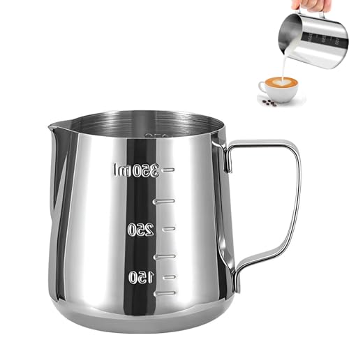 Banjiabb Milchkännchen 350ml, Edelstahl, Silber, mit Messskala, für Kaffeeliebhaber