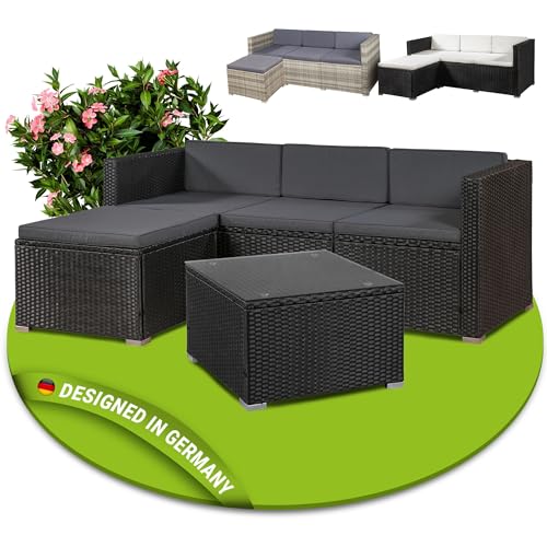 Juskys Polyrattan Lounge Punta Cana M für 3-4 Personen mit 3er Sofa, Sessel, Tisch & Kissen, Sitzgruppe für Garten, Terrasse und Balkon, Gartenmöbel Set wetterfest - schwarz/grau