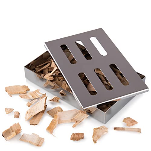 Blumtal Räucherbox - Edelstahl Smokerbox rostfrei - Räucherzubehör für Fleisch, Fisch & Gemüse - Smoker Zubehör zum Räuchern inkl. passender Räucherchips