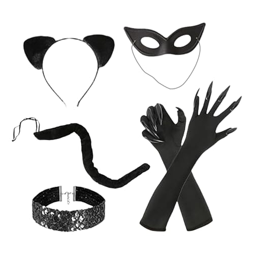 Generisch Cat Set for Fancy, Cat Woman Costume Outfit, Animal Costume Ears Tail Bow Tie Set, Halloween Costume Set, Black Cat Costume Accessories for Women, Halloween Masquerade Suit Adult