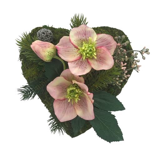 Radami Grabgesteck Grabschmuck Grabaufleger Moosherz Grabherz Kreuz oder Engel Trauerherz Grab Herz Gesteck Rosen (20cm-Eisblume-Rosa)