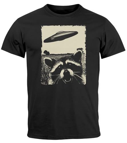 Neverless® Herren T-Shirt UFO Waschbär Aliens Fotodruck Printshirt Frontprint Fashion Streetstyle Fashion Streetstyle schwarz 3XL