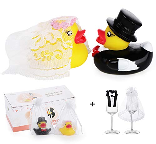 Adorfine Ente Hochzeitspaar Quietsche Entchen Hochzeitsenten mit Glas Hochzeit Sektglas Deko-Kleidung für Hochzeitsgeschenk Partydekoration(2 Paar)