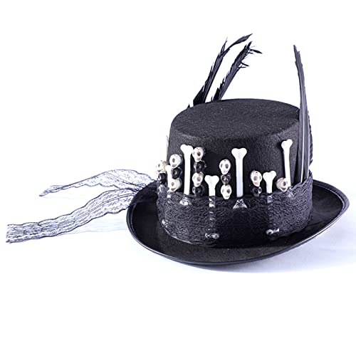 COSSIKA Flacher Hut, Federskelett, Gothic, Steampunk-Zylinder, Schwarze Feder, Voodoo-Zylinder, Totenkopf-Hut, Hexenhut für Halloween