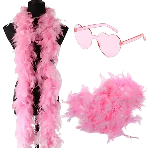 Modischer Federboa, Flauschige Feder Boa für Damen Türkei Federn Schal für Damen Kostüm Requisiten mit Rosa Randlosen Herzbrille Für Cosplay, Karneval Party,Bühnenshows, Kostüm Party(200cm,Rosa)